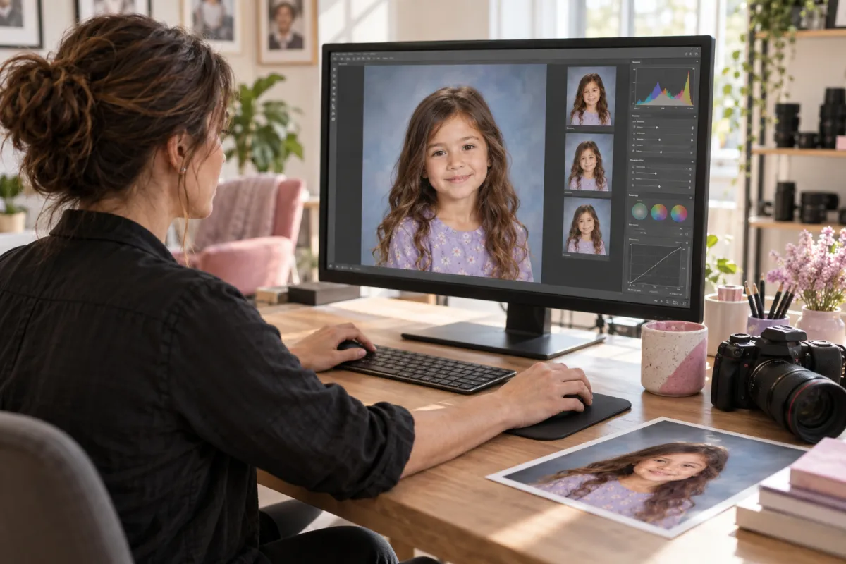 Photographer reviewing a school portrait on a computer
