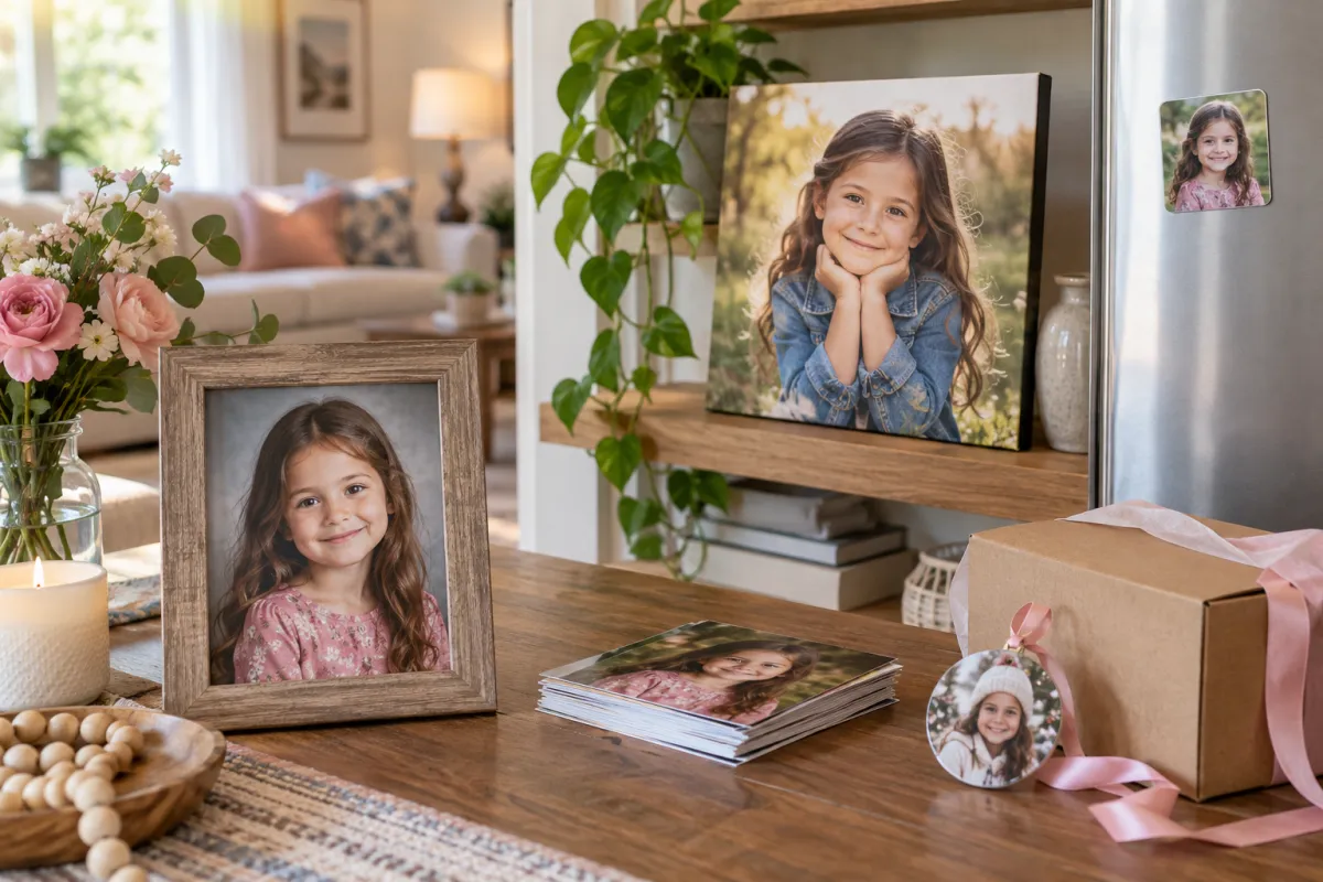 School portrait shown as a framed print, canvas, photo prints, and gifts