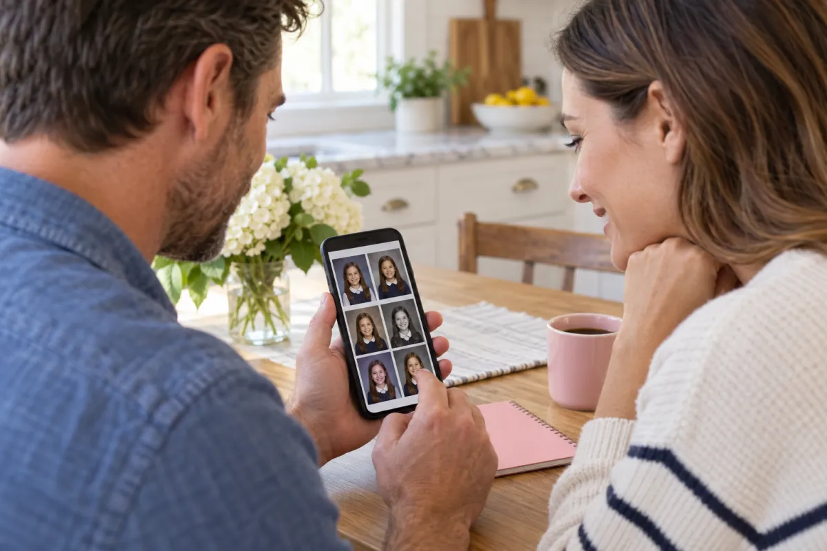 Parents looking through school portrait choices on a phone