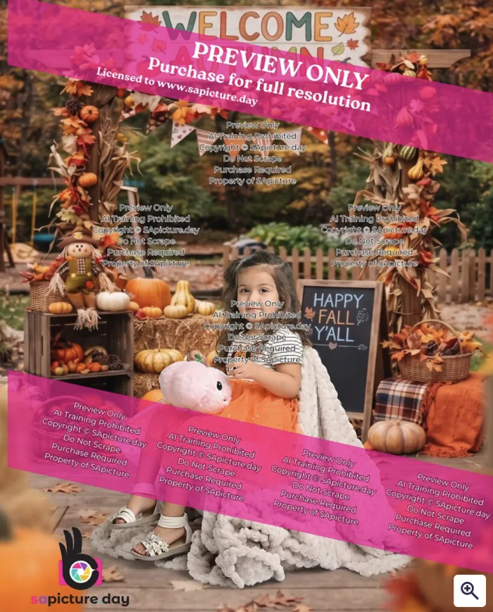 Child's autumn portrait with the pink SA Picture Day preview watermark
