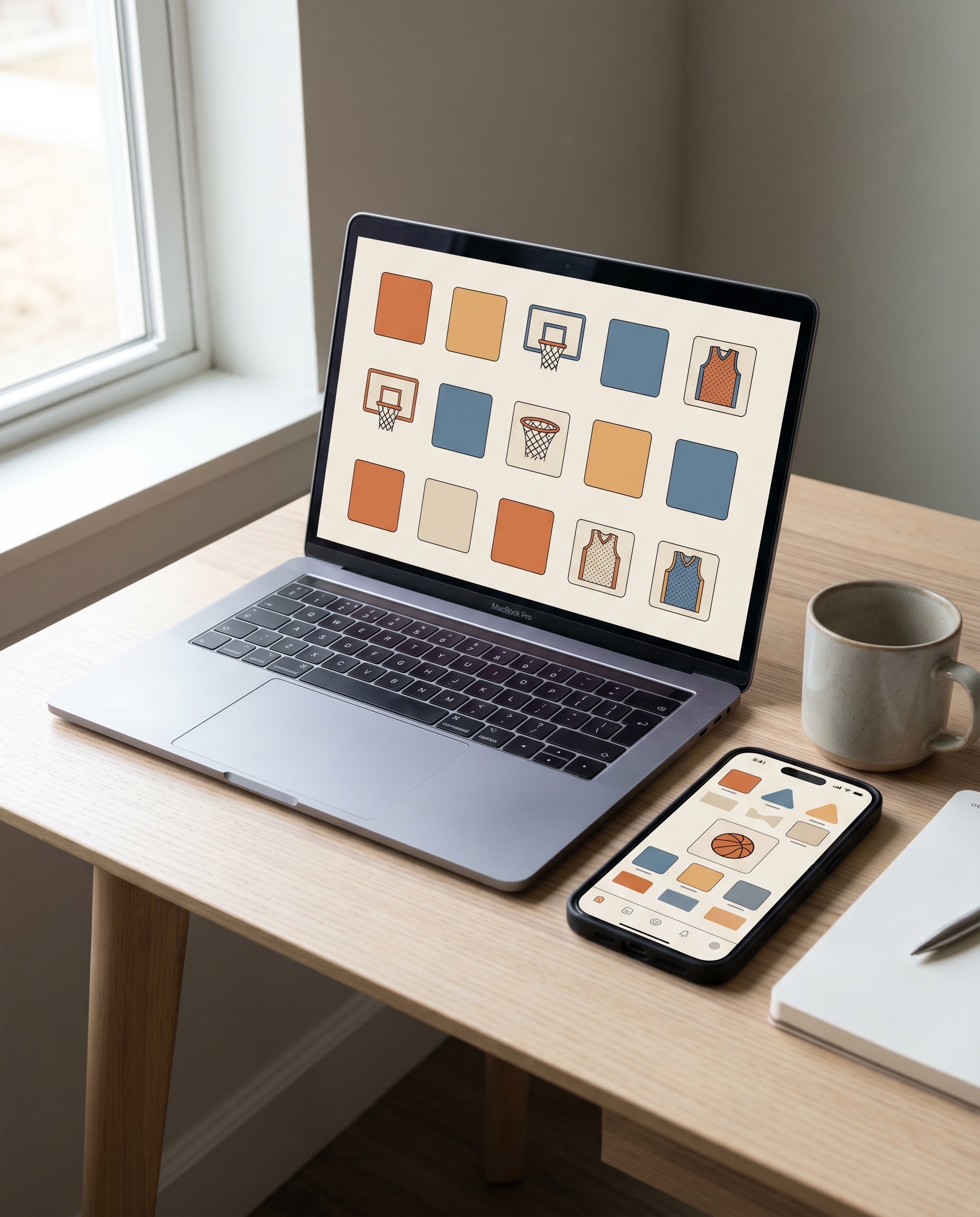 Laptop and phone showing an abstract basketball gallery interface with no people
