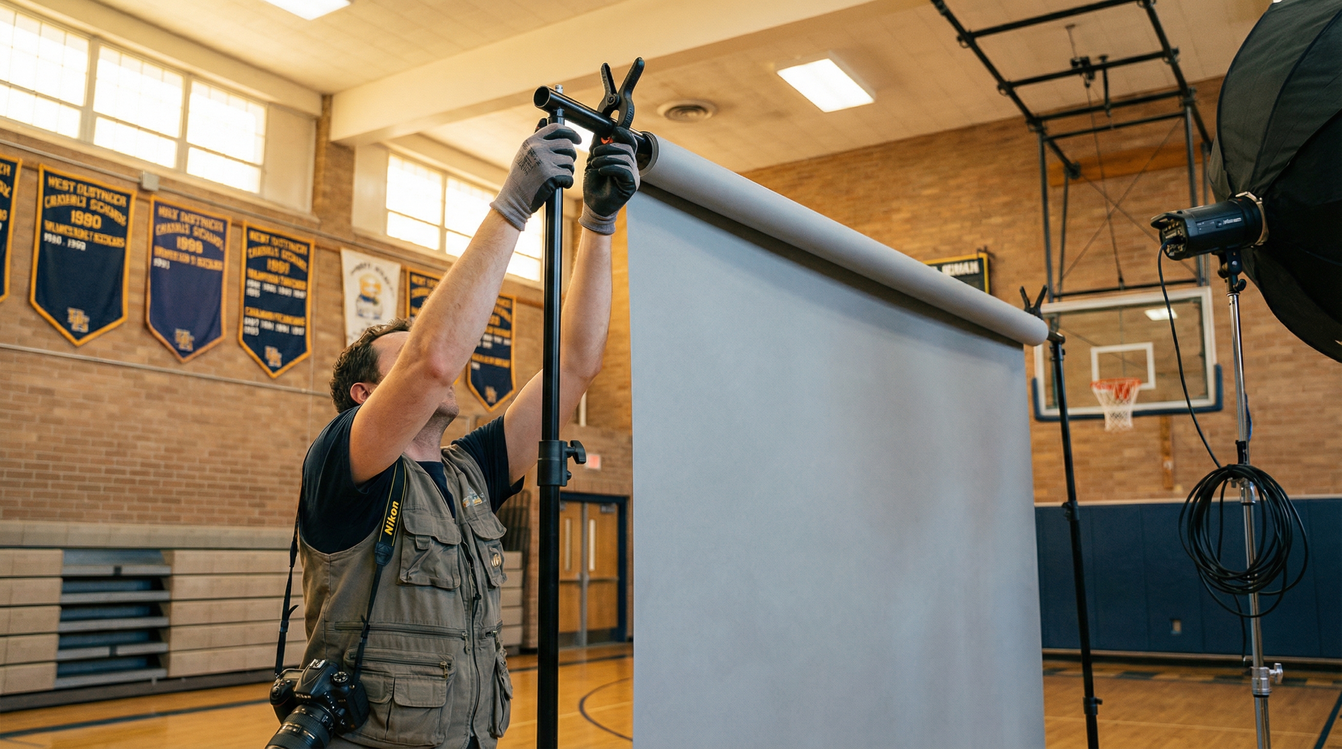 Professional portrait studio set up in school gymnasium