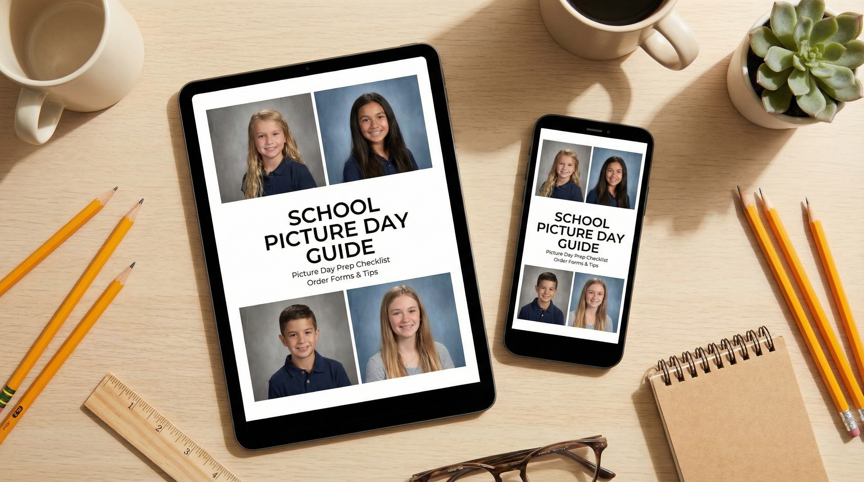School picture day guide displayed on tablet and phone