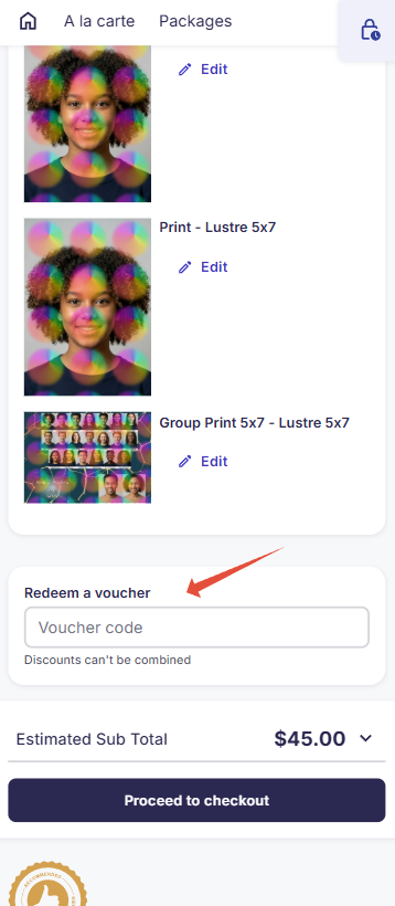 GotPhoto mobile shopping cart showing Redeem a voucher and the Voucher code field above the order subtotal.